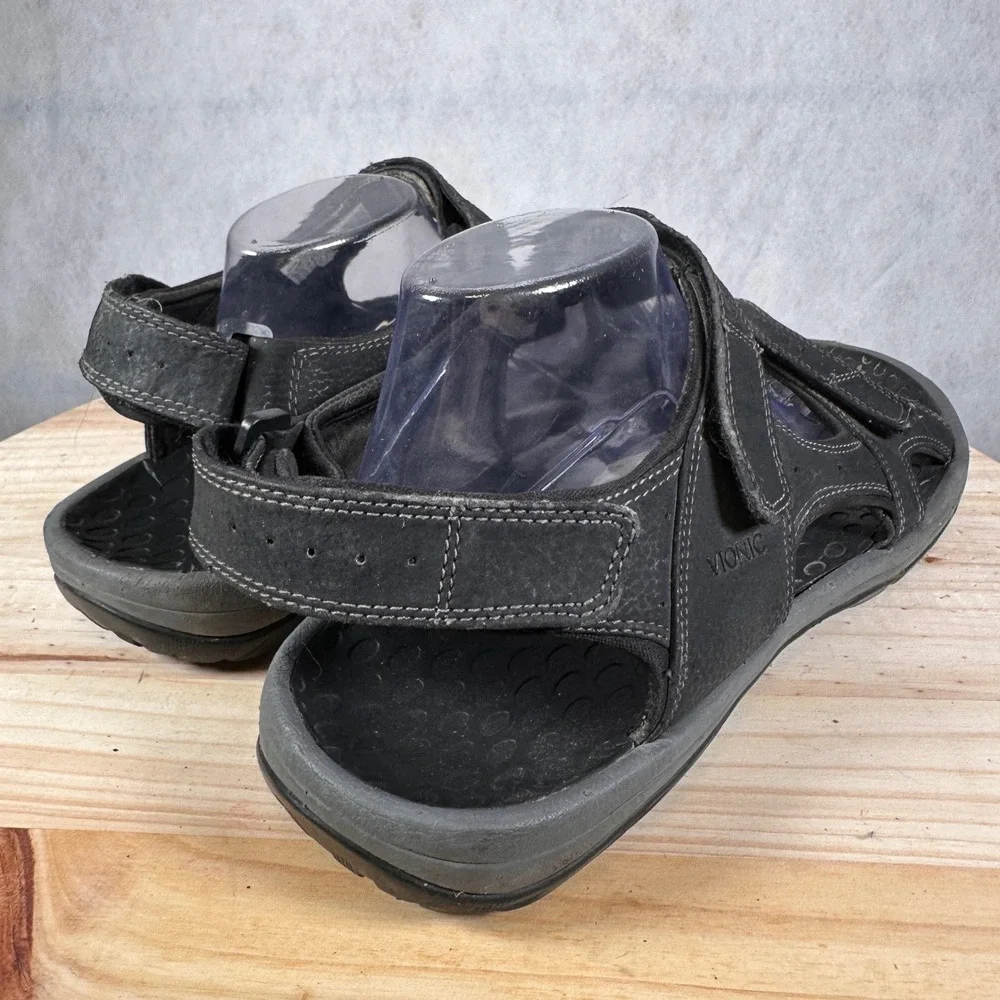 Vionic Bryce Sandals Mens 14 Black Good Leather Triple Strap Orthotic Walking